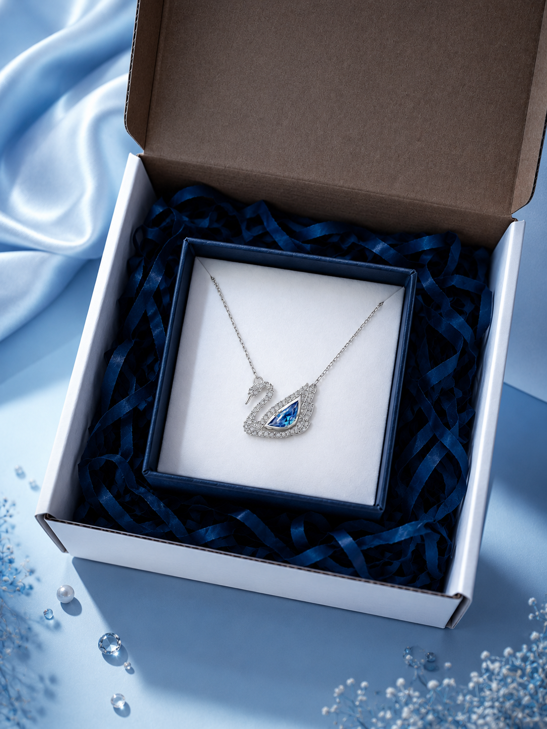 Collier Blue Swan présenté dans son écrin ouvert